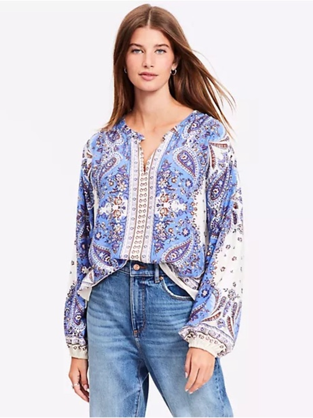 LOFT Bandana Print Split Neck Balloon Sleeve Blouse Women’s XXSP